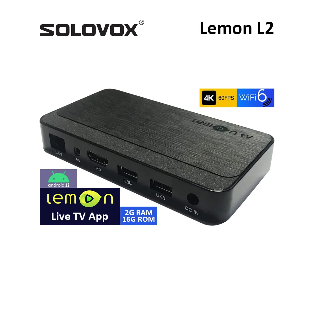 SOLOVOX Lemon L2 Android 12 Media Player Features 2G RAM 16G ROM LemonTV App BT5 WiFi5G Stalkermac HEVC H.265 4K L1 Enhanced