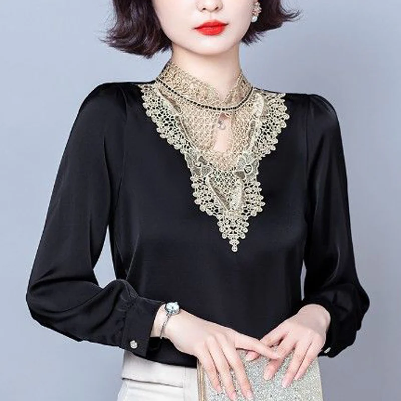 Retro Elegant Chic Lace Embroidery Stand Collar Shirt for Women Spring Autumn Fashion Long Sleeve Satin Silk Blouses Tops Blusas