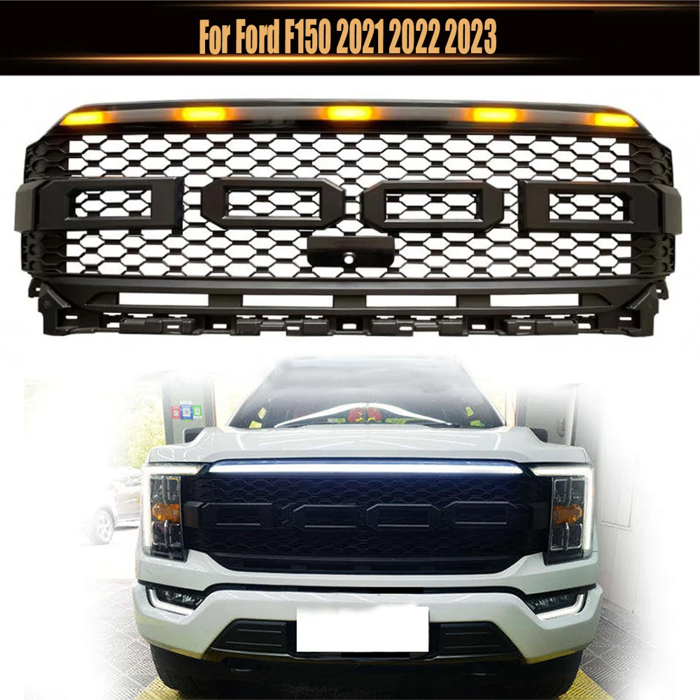 

For Ford F150 2021-2023 Upper Grid Racing Grille Raptor Grills Pickup Truck Accessories Front Car Grill With Flow LED Light