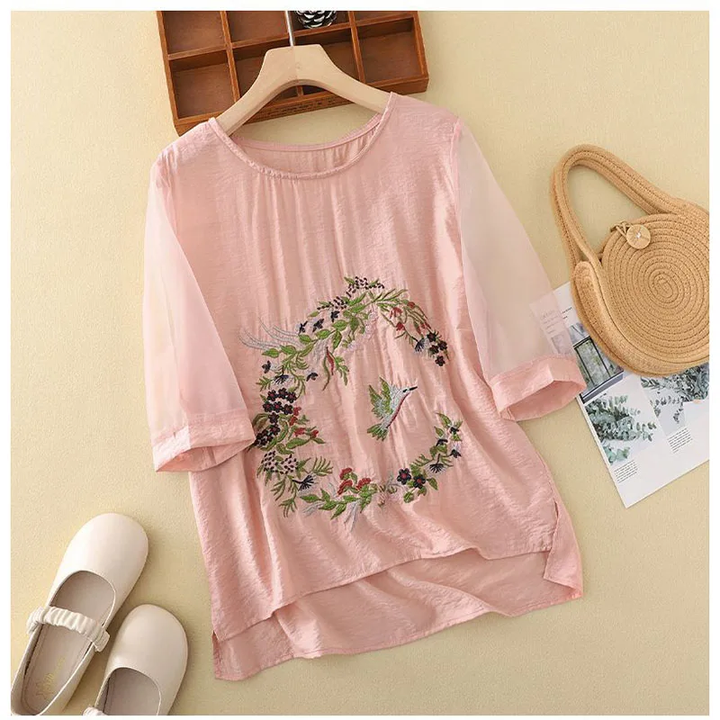 

2025 Embroidered Thin Loose Slim T-Shirt Women's Summer Light Casual Age-Reducing Imitation Cotton And Linen Pullover Shirt Top