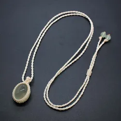 Handmade Braided Macrame Pendant Necklace For Women Girls Natural Prehnite Stone Oval Weave Adjustable Chain Necklace Jewelry