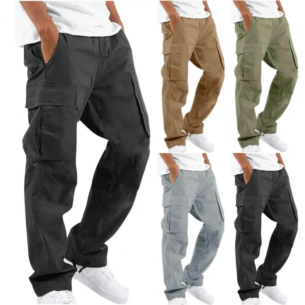 

New 2024 Cargo Pants Trousers for Men Full Length Solid Color Loose Multi-pocket Drawstring Pockets Pants Male Cargo Pants