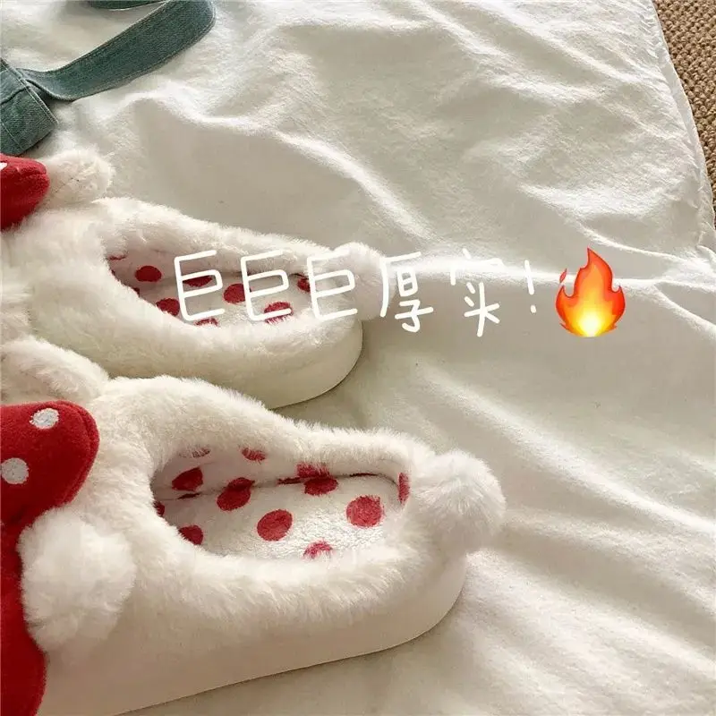 Kawaii Sanrio Hello Kitty Polka Dot Kt Cat Cute Ins Style Cartoon Slippers Red Bow Indoor Home Warm Fur Shoes Girlfriend Gifts