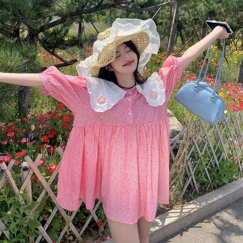 Korean Sweet Loose Short Sleeve Maternity Dress Ruffles Peter Pan Collar