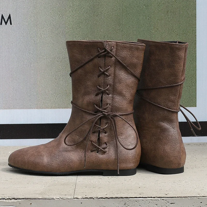 Schnürstiefel mit Kreuzbindung, Burgunderbraun, runder Zehenbereich, weiche, flache Westernstiefel, Knöchel-Cowboy-Schuhe für Damen, Winter, Herbst, Botas, Größe 48