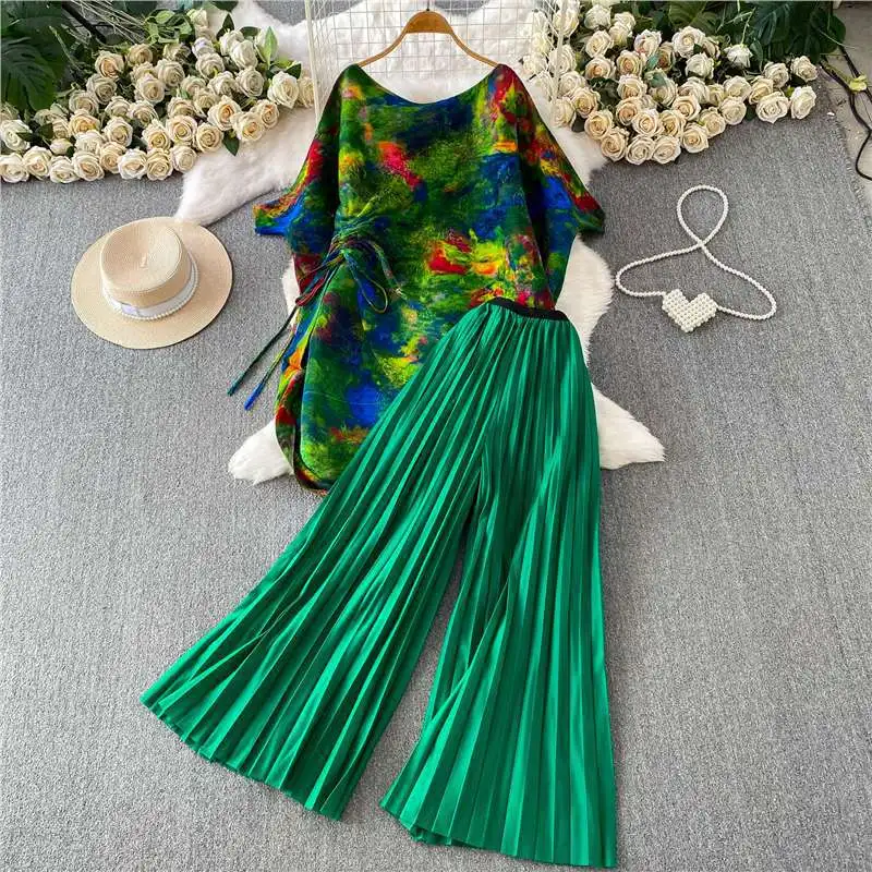 Miyake Light Luxury Suit Oil Painting Printing Design Split Drawstring Bat Sleeve Long Top Pleated Wide Leg Pants Two-piece Set