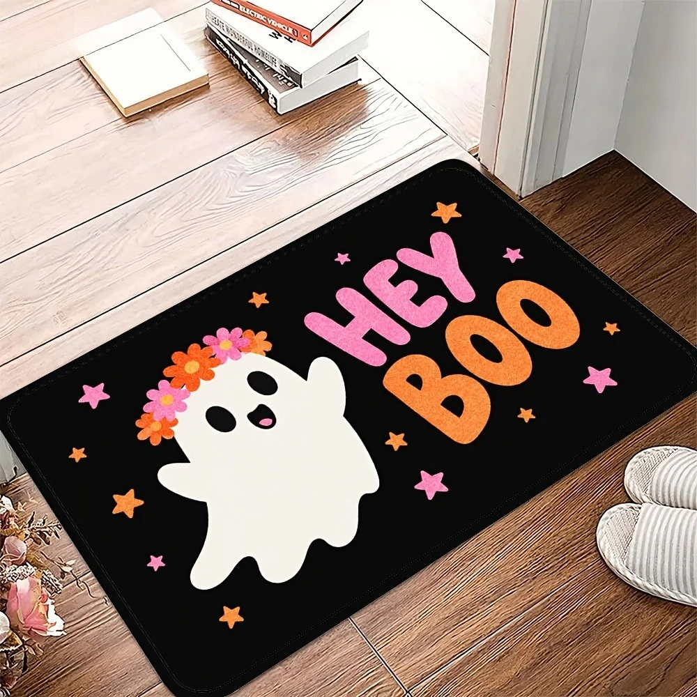 Cute Halloween Decorative Floor Mat Hey Boo Ghost Floral Star Print for Home Entryway Indoor Spooky Season Party Welcome Decor