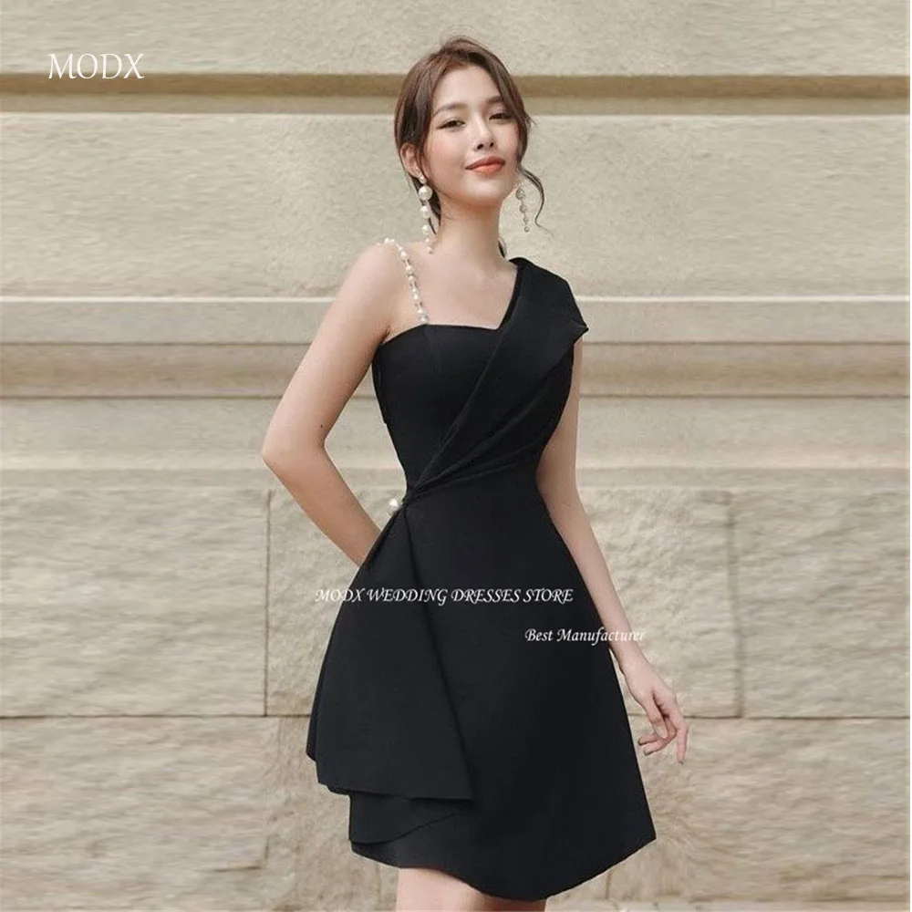 

MODX Black Mini Sexy Party Dresses US Women Pearls Matte Satin Women Photo shoot One Shoulder Cocktail Dress Formal Gowns