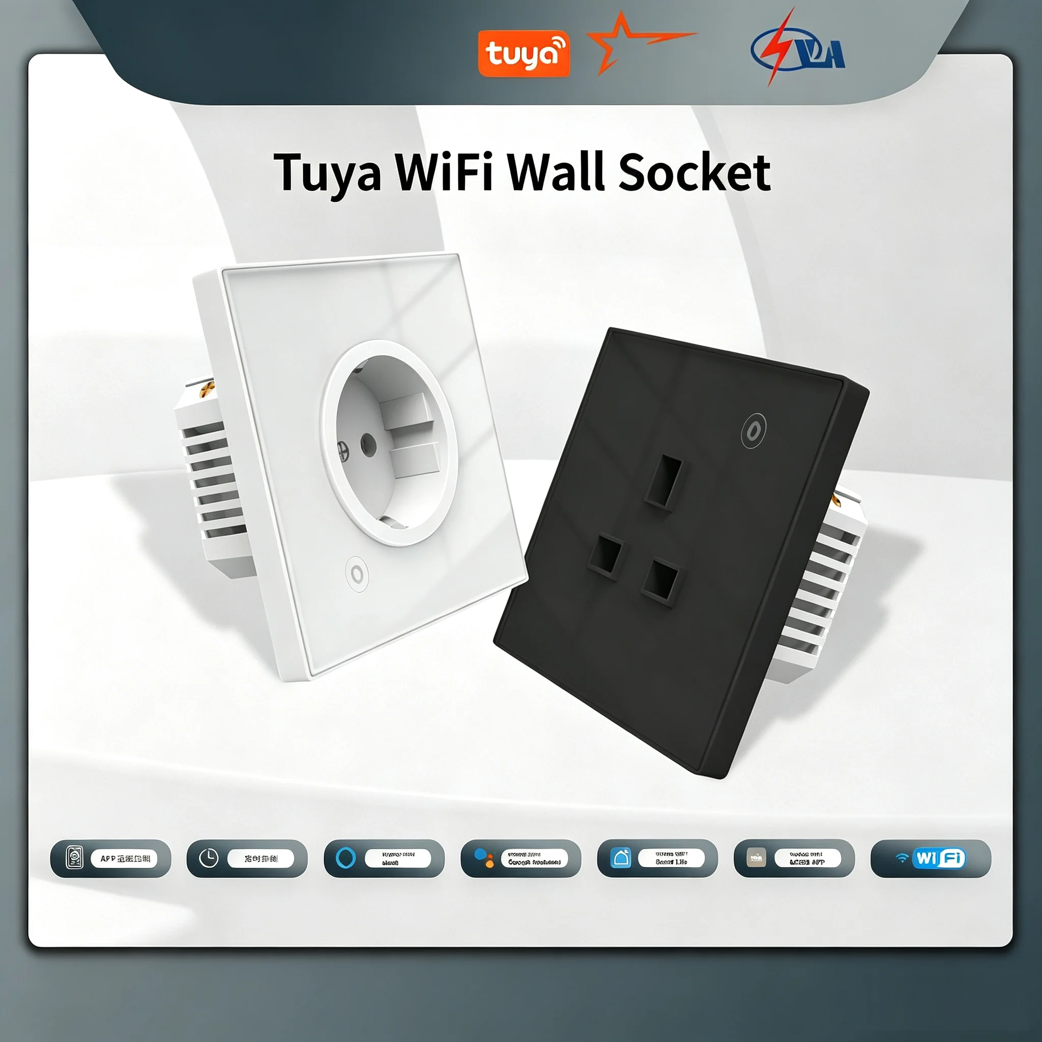 MOES Tuya WiFi Smart Wall Socket 86mm Tempered Glass Panel Touch Outlet Alexa Google Timer EU FR UK Plug