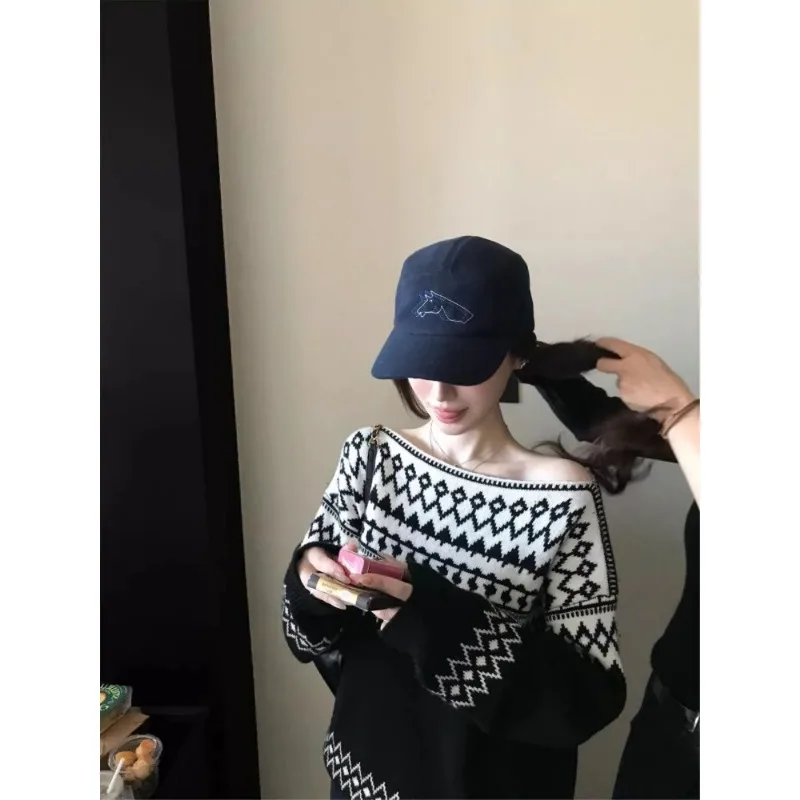Womens Boat Neck Fair Isle Jacquard Sweater Lazy Style Long Sleeve Pullover Top For Autumn Winter