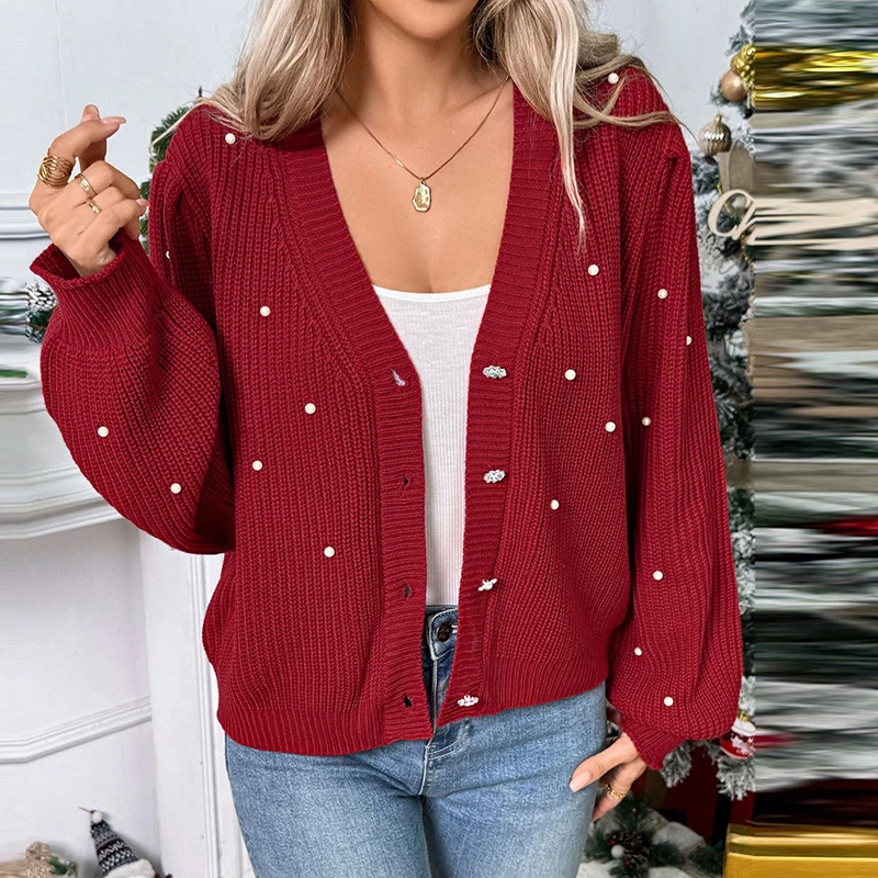 جديد أزياء المرأة محبوك سترة حمراء الخامس الرقبة زر حبة تصميم طويلة الأكمام البلوزات للنساء عيد الميلاد البلوز قمم