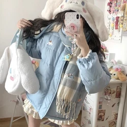 Winter HelloKitty Cinnamoroll Double-Sided Cotton Coat for Girls Sanrioed Christmas Cartoon Embroidery Plus Velvet Kawaii Jacket