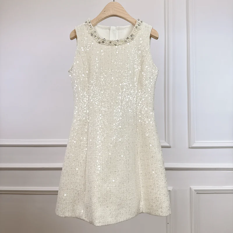 

French New Sequined Pearl Diamond-encrusted Sleeveless Small Fragrance Dress Women Fashion Sweet Shiny Wedding Tweed Lady Dress