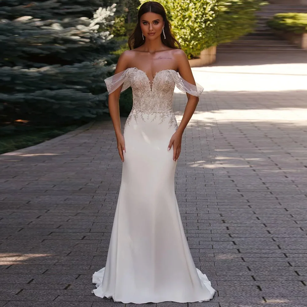 

Delicate Beading Wedding Dress Off the Shoulder Elegant Customized Mermaid Satin Bridal Gowns Dreamy Sweetheart Vestido De Novia