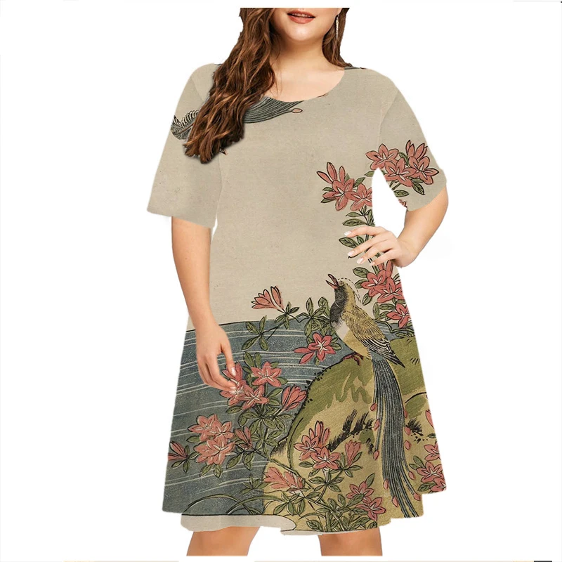 Vestido feminino de manga curta A, vestido casual solto, padrão de arte vintage, estampado com pintura, retrô, verão, plus size