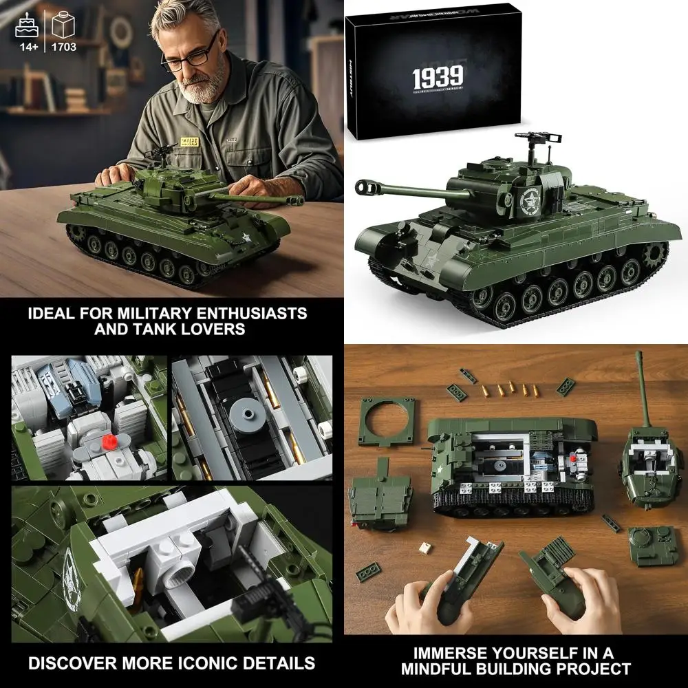 Ensemble de blocs de construction de char Pershing M26 de la Seconde Guerre mondiale pour adultes, 1703 pièces, compatible avec Lego, idéal à collectionner pour les amateurs militaires