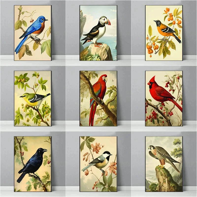 Póster Vintage con diseño de loro cardenal de Jay Azul, imagen artística de pared impresa, pintura en lienzo, decoración del hogar para sala de estar sin marco