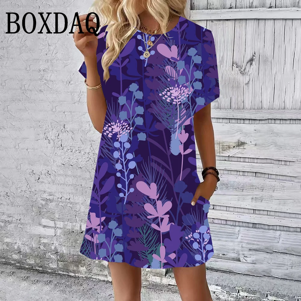 Summer Short Sleeves Dresses Classy Women Dress Loose A-Line Dress Vintage Floral Plant Print Woman Clothing Casual Round Collar