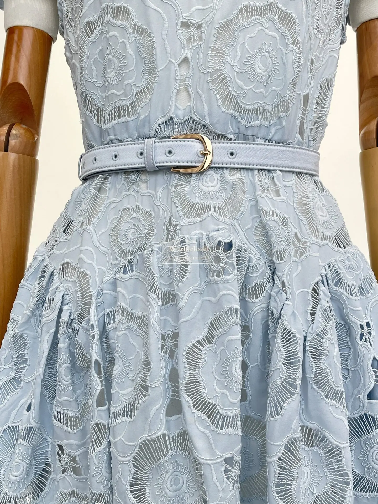 

Light Blue Floral Lace with Collar Short Sleeve Midi Dress 2026 High Quality