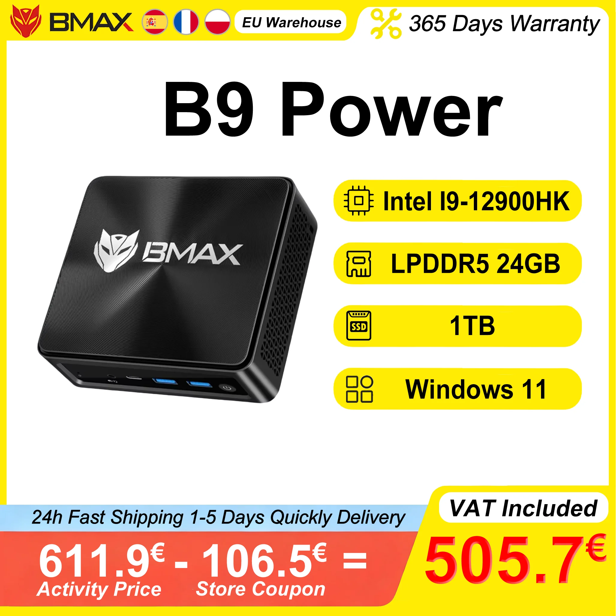 BMAX B9 Power Mini PC Intel Core I9-12900H 24GB LPDDR5 RAM 1TB NVMe SSD Turbo Frequency 5.0GHz WiFi 6 Bluetooth 5.2