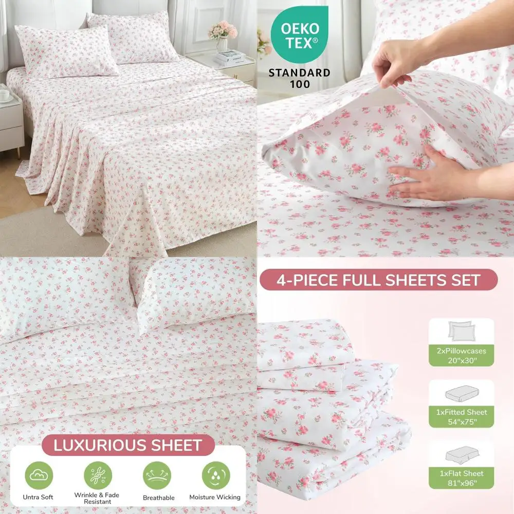 

Deep Pocket 4-Piece Bed Sheet Set - Soft, Breathable, Wrinkle-Free, Cooling, Oeko-TEX Certified, Blossoms Pink