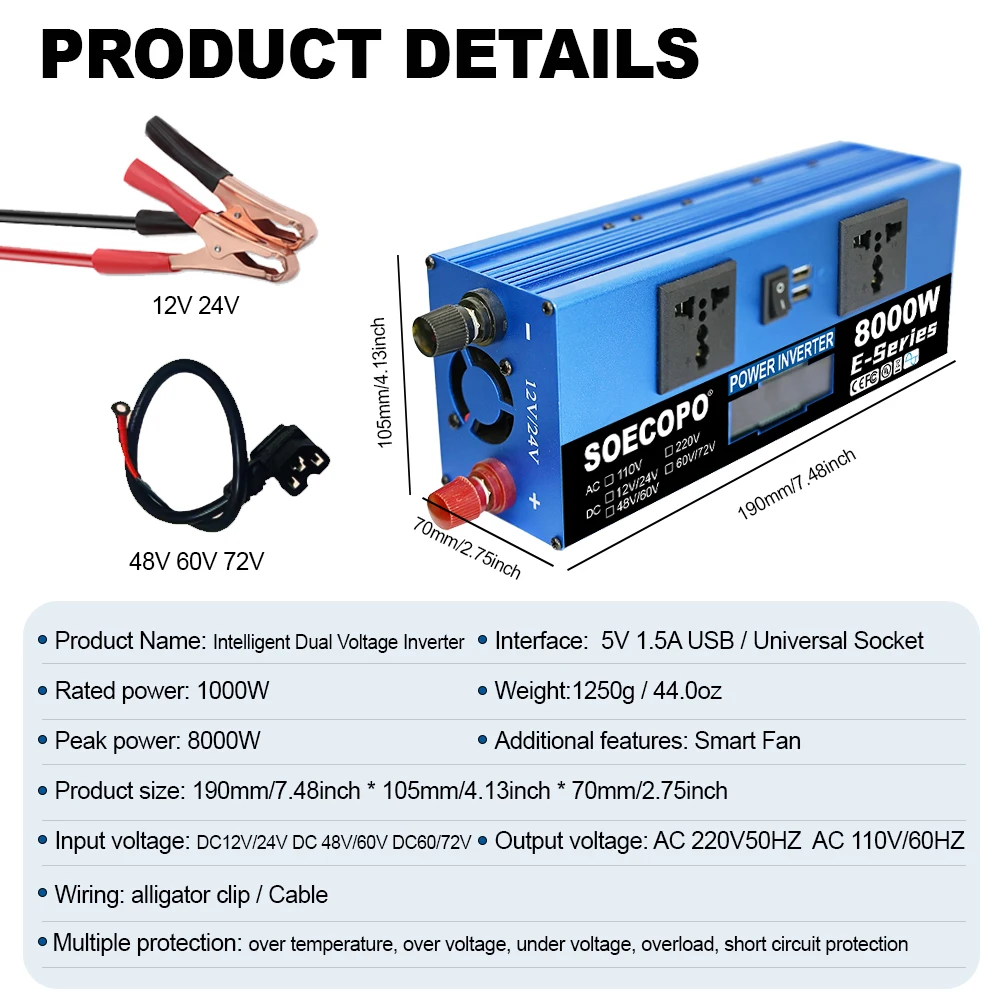 SOECOPO 8000W Solar Kit 2×500W Panels DC 12V/24V Inverter (2 Outlets 110V/220V) 100A Controller Portable Home Camping Car Use