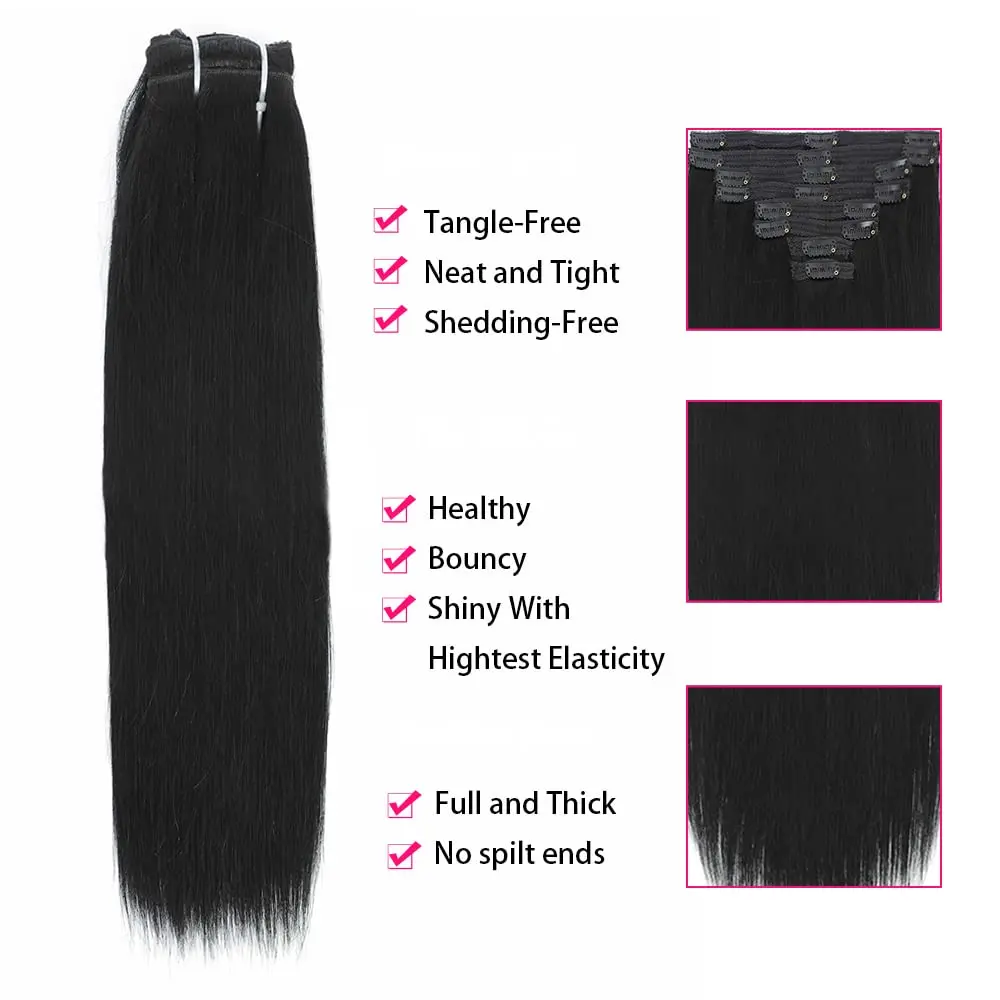 Extensión de cabello humano 100% Real, Clip en extensiones de 20 pulgadas, 8 piezas, 120G, Color #1