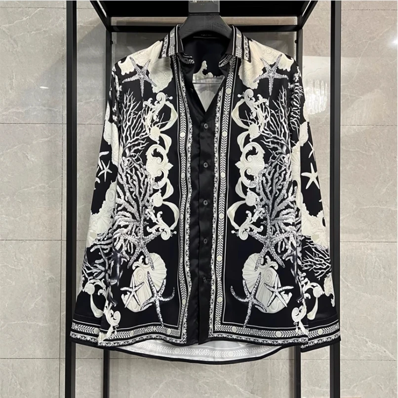 

Noble Series Fan Family 2025 New Marine Biology Printed Ice Silk Slippery Palace Style Men's Long Sleeve Shirt