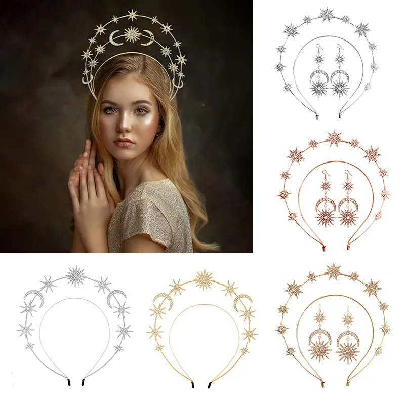 Diadema de Metal con diseño de Luna y estrellas, diadema hecha a mano, corona nupcial, tocado de boda, joyería