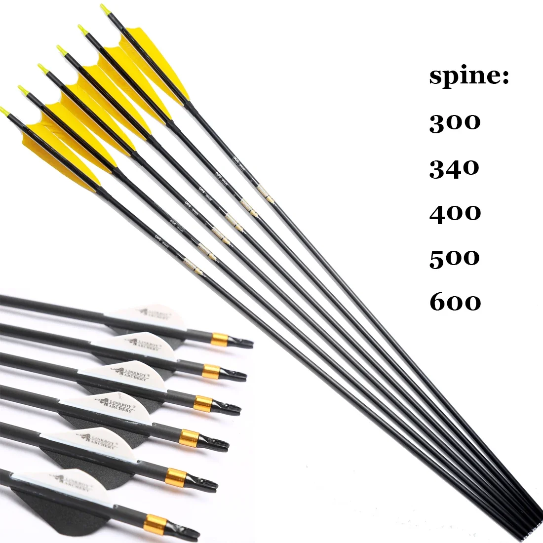 

Linkboy-Pure Carbon Arrow with Turkey Feather, Traditional Bow Hunting, Spine300, 340, 400, 500, 600, 5inch, 100g Tips, 12Pcs