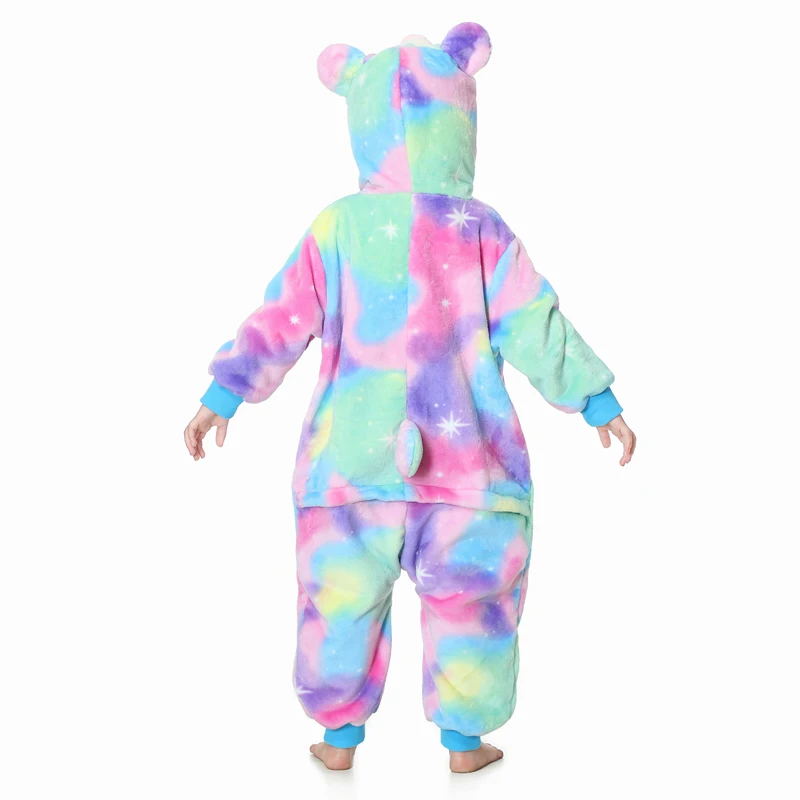 Suefunskry Kids Plush Bear Jumpsuit for Girls Boys Tie-Dye Long Sleeve Hooded Pants Romper Winter Cosplay Costume