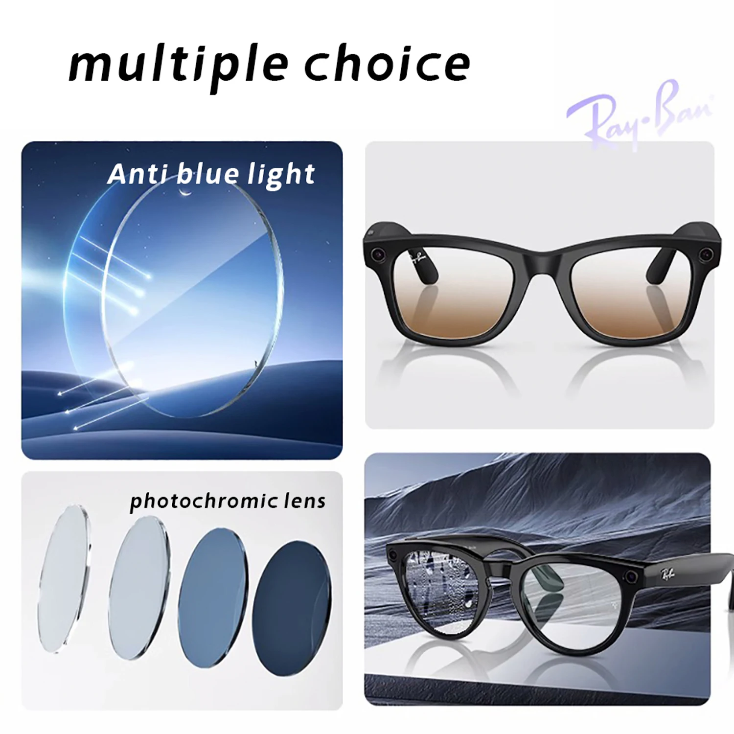 لـ Ray Ban Meta WAYFARE، HEADLINE، عدسة قصر النظر SKYLER، عدسات طبية مخصصة مضادة للضوء ومضادة للأزرق، نظارات AR الذكية