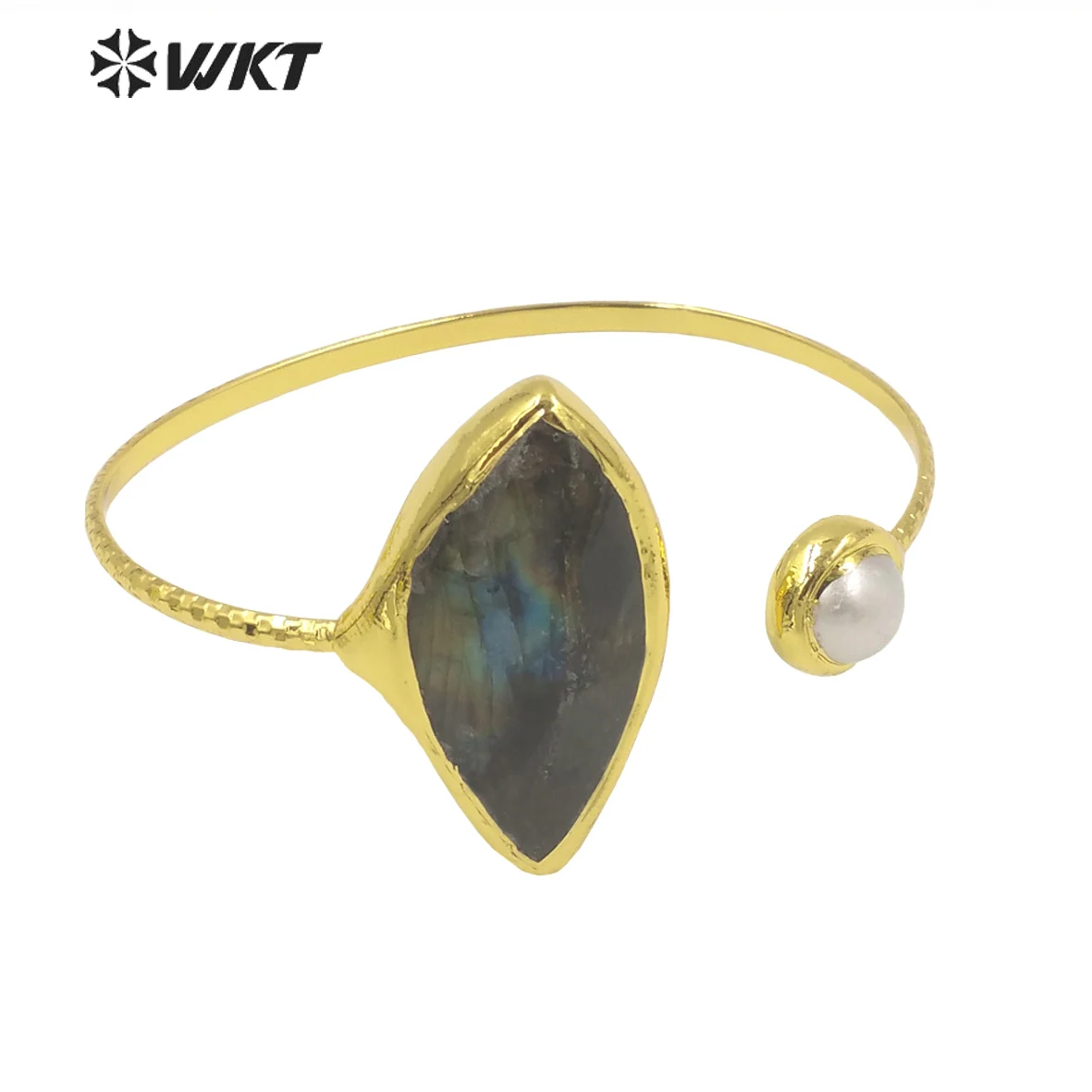 

WT-B599 WKT Fashion Gold Plated Elegant Open Bracelets Natural Stones Labradorite and Pearl Cuff Bangles Lady Jewelry Making