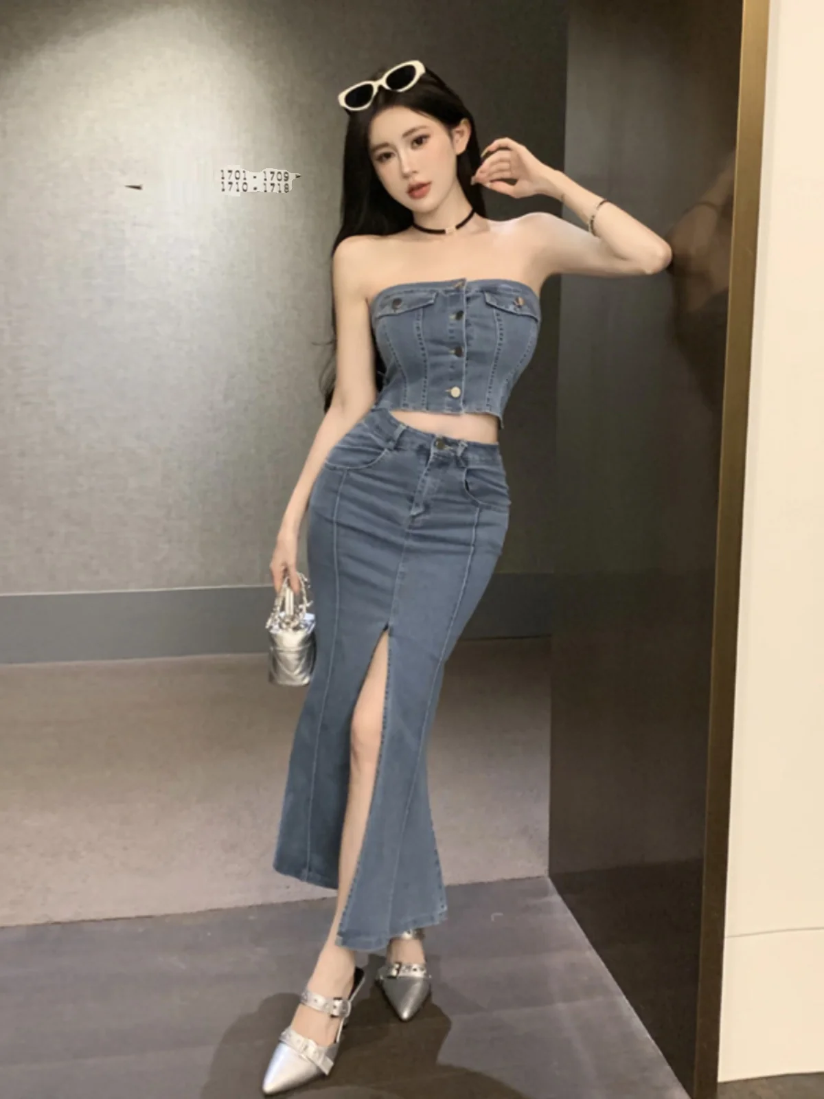 

Модный сексуальный джинсовый топ с колючками и высокой талией, юбка-миди с разрезом, комплект из двух предметов, женская одежда, полиэфирная ткань