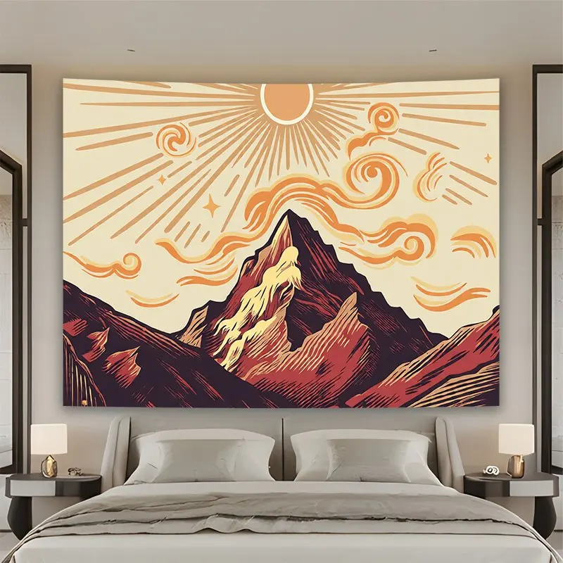 Horizontal Vintage Tapestry Wall Hanging - Mountain Sunrise Landscape Suitable for Living Room,, Horizontal Wall for Home, Chris