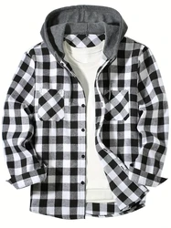 Chemise à capuche boutonnée à manches longues pour hommes, chemise décontractée à carreaux, veste à double poches, printemps, automne