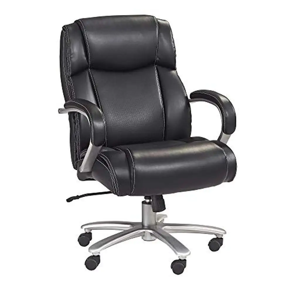 Mid Back Rolling Swivel Chair Padded Arms 400lbs Capacity Adjustable Height Tilt Ergonomic Black Bonded Leather Chrome Metal