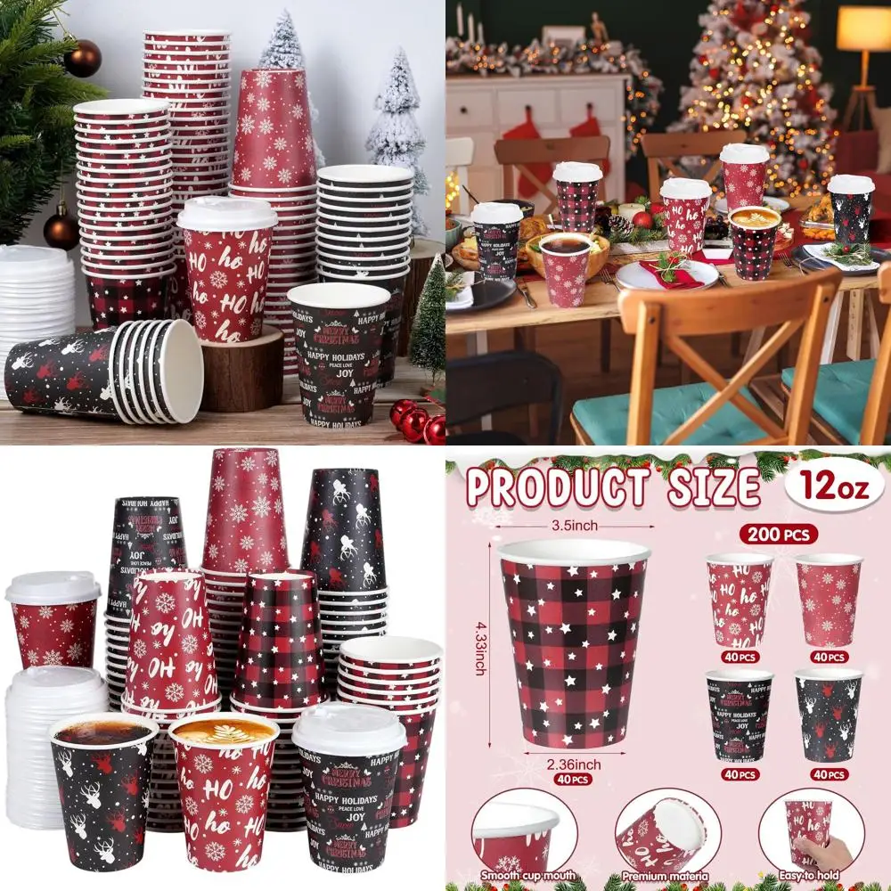 

Bulk 12oz Red & Black Christmas Cups with Lids - 200 Pack for Holiday Parties & Winter Celebrations