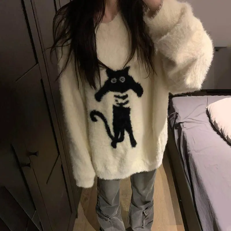 

Casual Knitted Pullover Round Neck Autumn Winter Cartoon Cat Loose Casual Versatile Korean Style Japanese Sweet Sweater Women