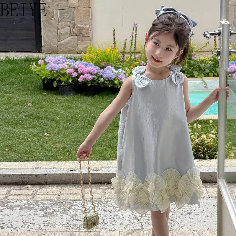 

Baby Girls Sleeveless Sweet Dress Shoulder Bow Heart Shape Ruffle Hem Loose Dress Kids Summer Casual Princess A Line Dress