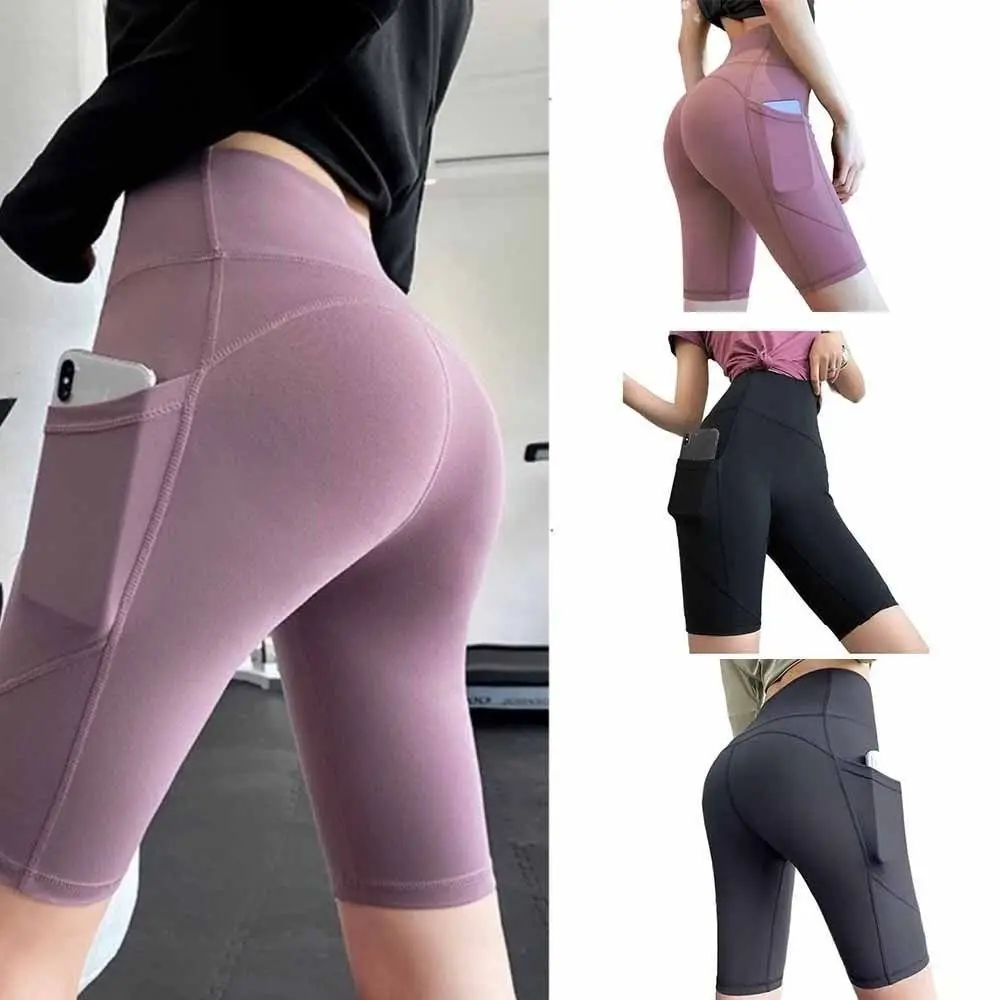 Shorts de Yoga de Cintura Alta, Diseño Sin Costuras, Tela Elástica, Leggings Ajustados, Color Sólido, Transpirables, Shorts Deportivos para Correr al Aire Libre