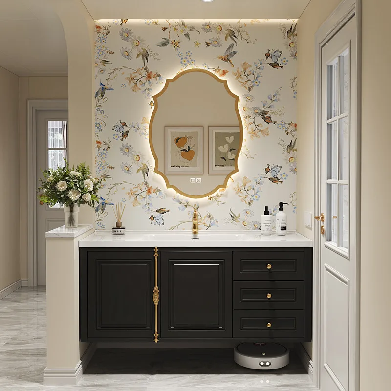 French Retro Cream Style Ceramic Wall-Mounted All-in-One Basin Solid Wood Toilet Washing Table Lighting Bathroom Vanity