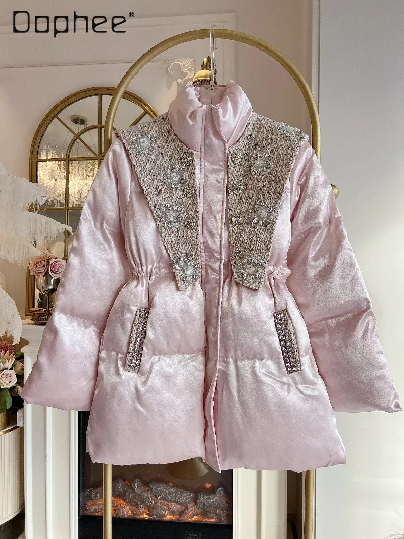 

Sweet Temperament Stand Collar Patchwork Cotton Jacket Winter High-end Heavy Beading Rhinestone Loose Slim Thickened Warm Jacket