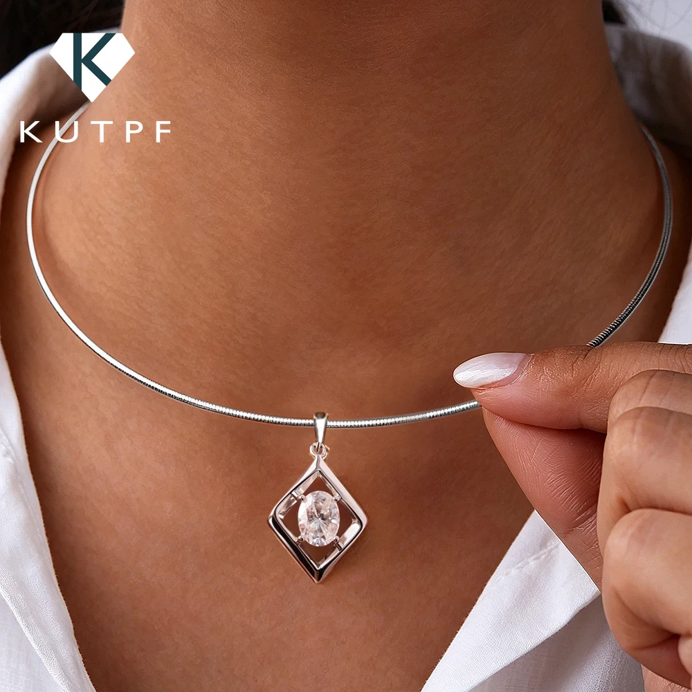 Moissanite Hard Choker Necklace with Oval Cut Hollow Diamond Pendant 100% 925 Sterling Silver Neckchain Fine Jewelry for Women