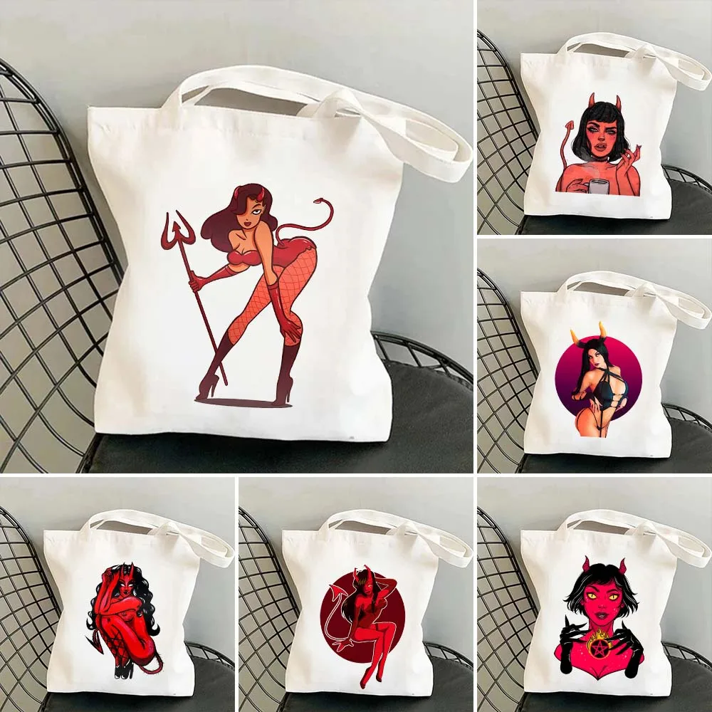 Sexy Devil Woman Girl Female Dark Art Angel Wings Womens Canvas Shopper Cotton Totes Beach Bag Shopping Luxury Shoulder Handbags