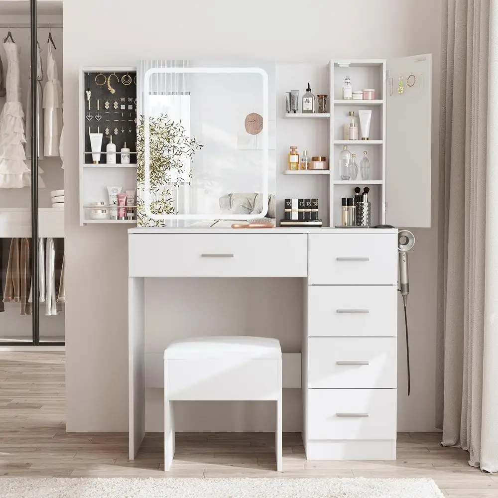 

White Vanity Desk with Mirror, Lights, and Sliding Storage, Makeup Table Set with Power Outlet and 5 Drawers & Shelves