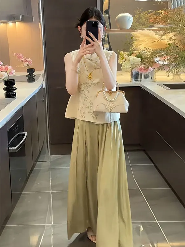 New Chinese Style Women's Summer Outfit Bamboo Leaf Print Button up Top And Pants Two-Piece Set Fashionable Traditional Print