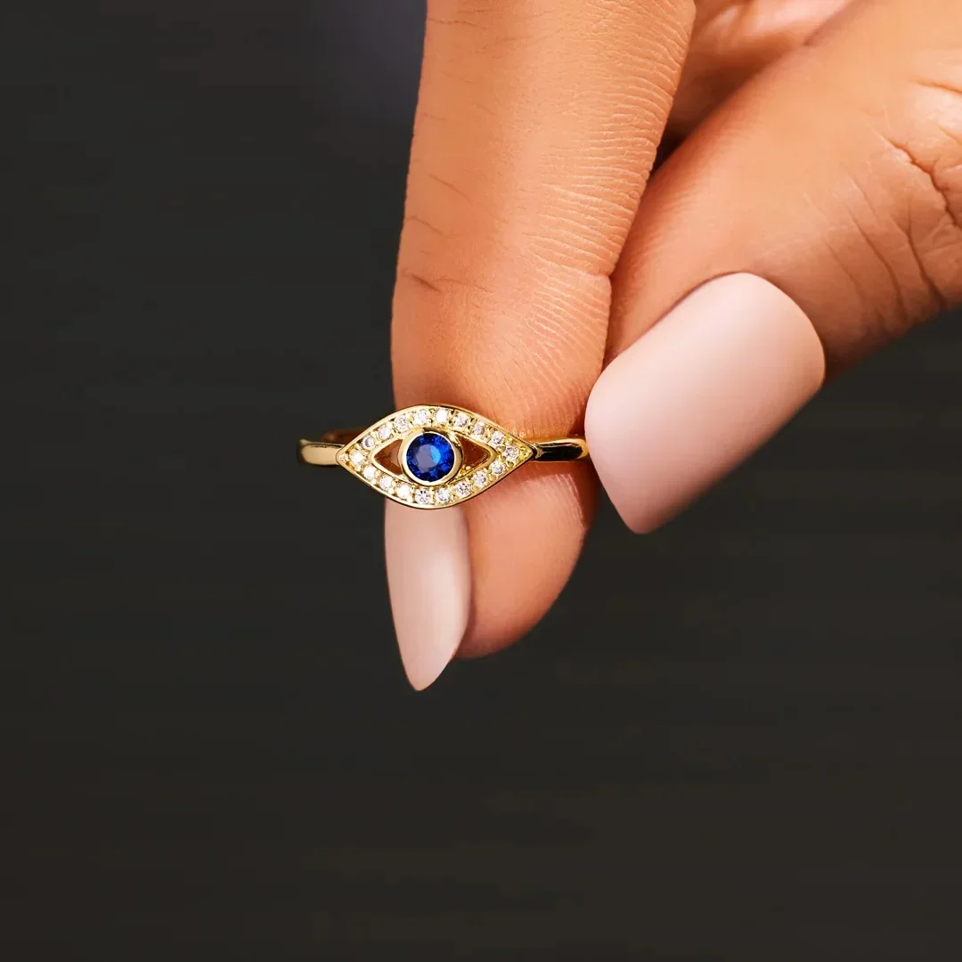 Anillo de protección contra el mal de ojo chapado en oro de 14k Zirconia azul brillante anillos turcos espirituales para mujeres joyería de amuleto de Nazar griego