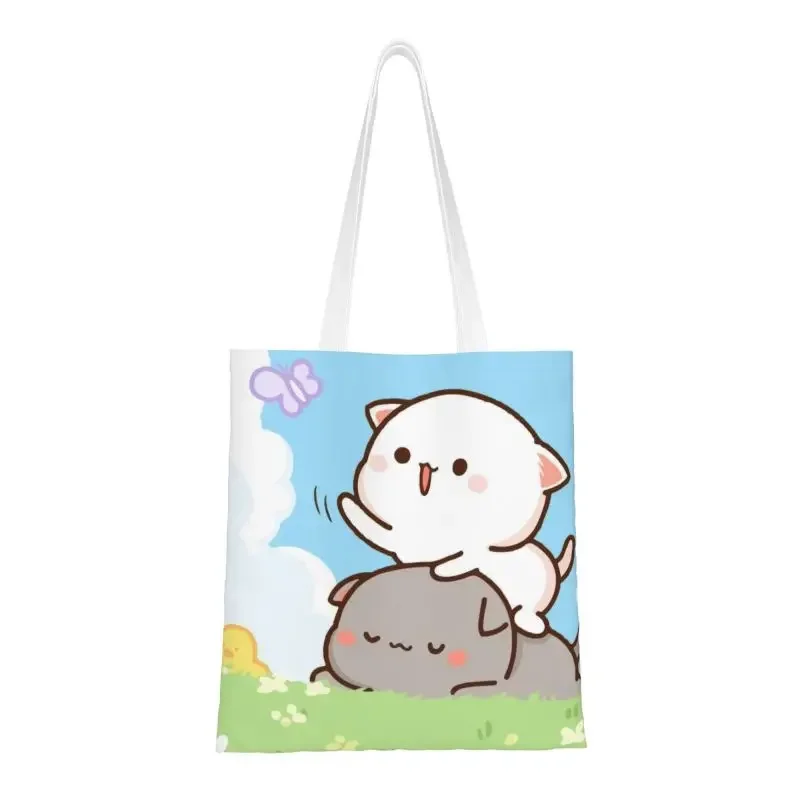 Fashion Printing Peach And Goma Romantic Mochi Cat Shopping Tote Bags Durable Canvas Shopper Shoulder Handbag