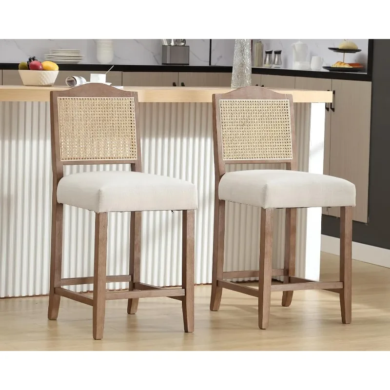 Bar Stools Set of 2 Rattan Farmhouse Bar Stools, Padded, Wooden Legs, Linen 26.5 Inches